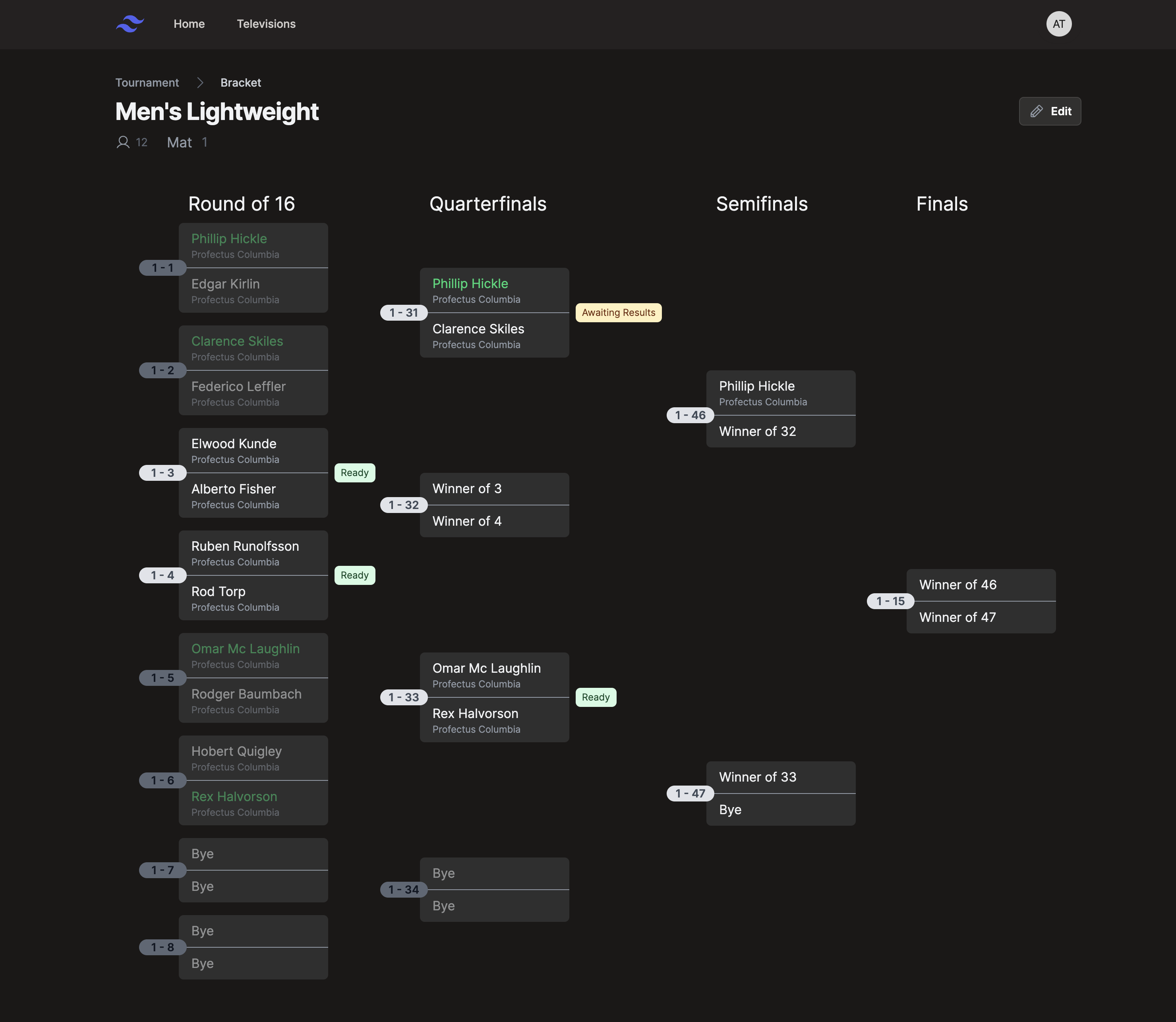 Screenshot of a bracket