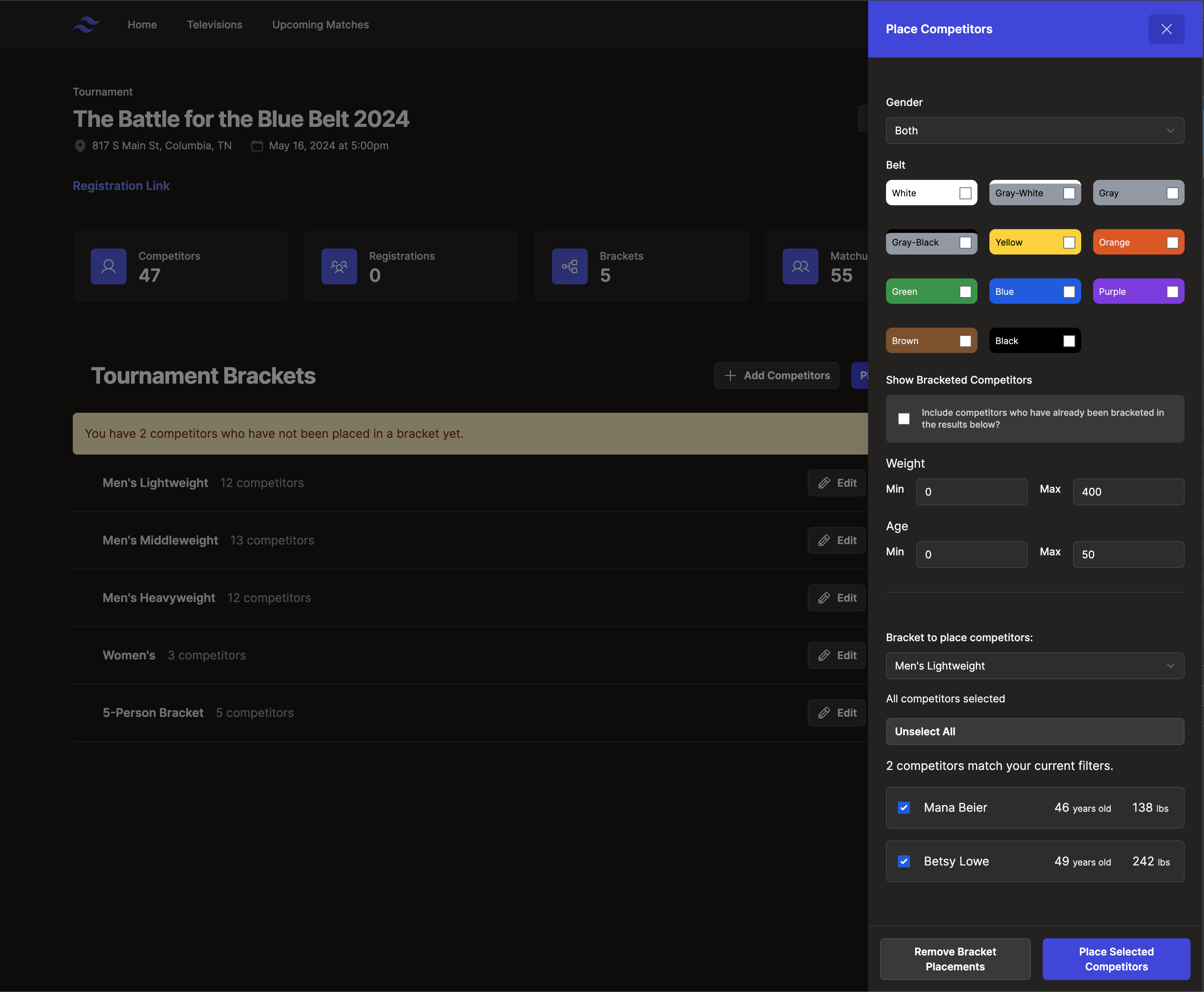 Admin view for placing competitors into brackets