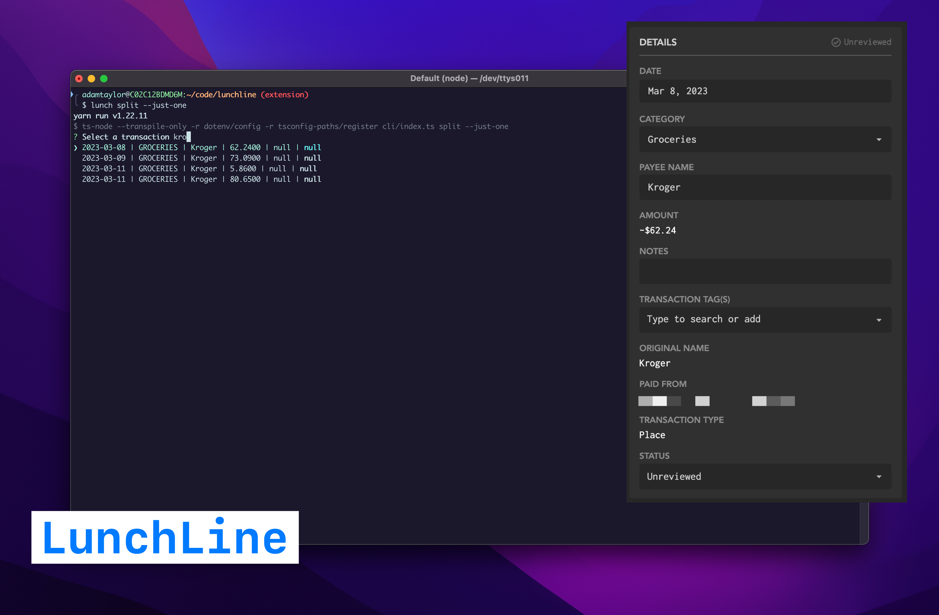 LunchLine is a CLI tool to categorize and split a large transaction into smaller, more accurate transactions
