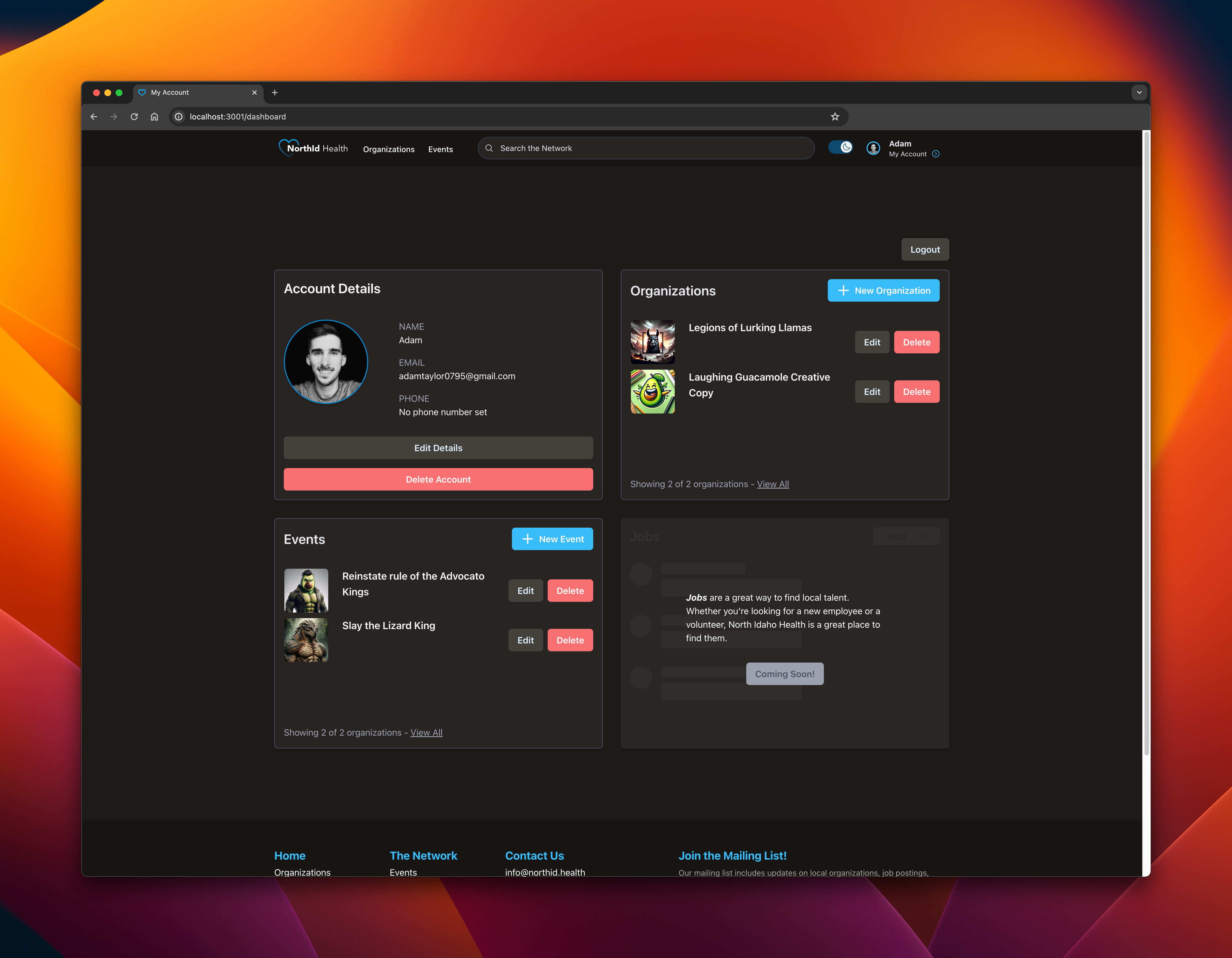 Screenshot of the admin dashboard, with organizations, events, and account details.